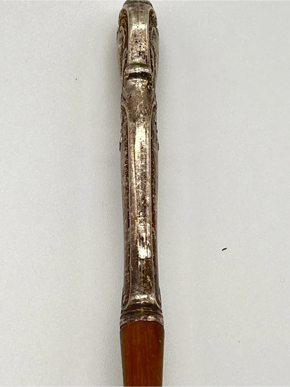 Vintage WEB wooden salad serving fork with ornate STERLING silver  handle.